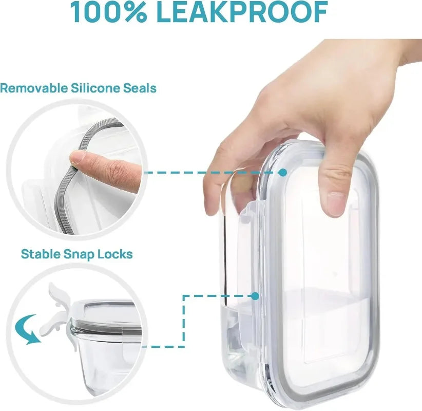 Glass Food Storage Containers Set, Airtight Leak‑Proof Glass Meal Prep Containers with Lids, Multi‑Sizes Reusable Lunch Box for Kitchen Fridge Freezer Microwave Dishwasher Safe, Food Organizer