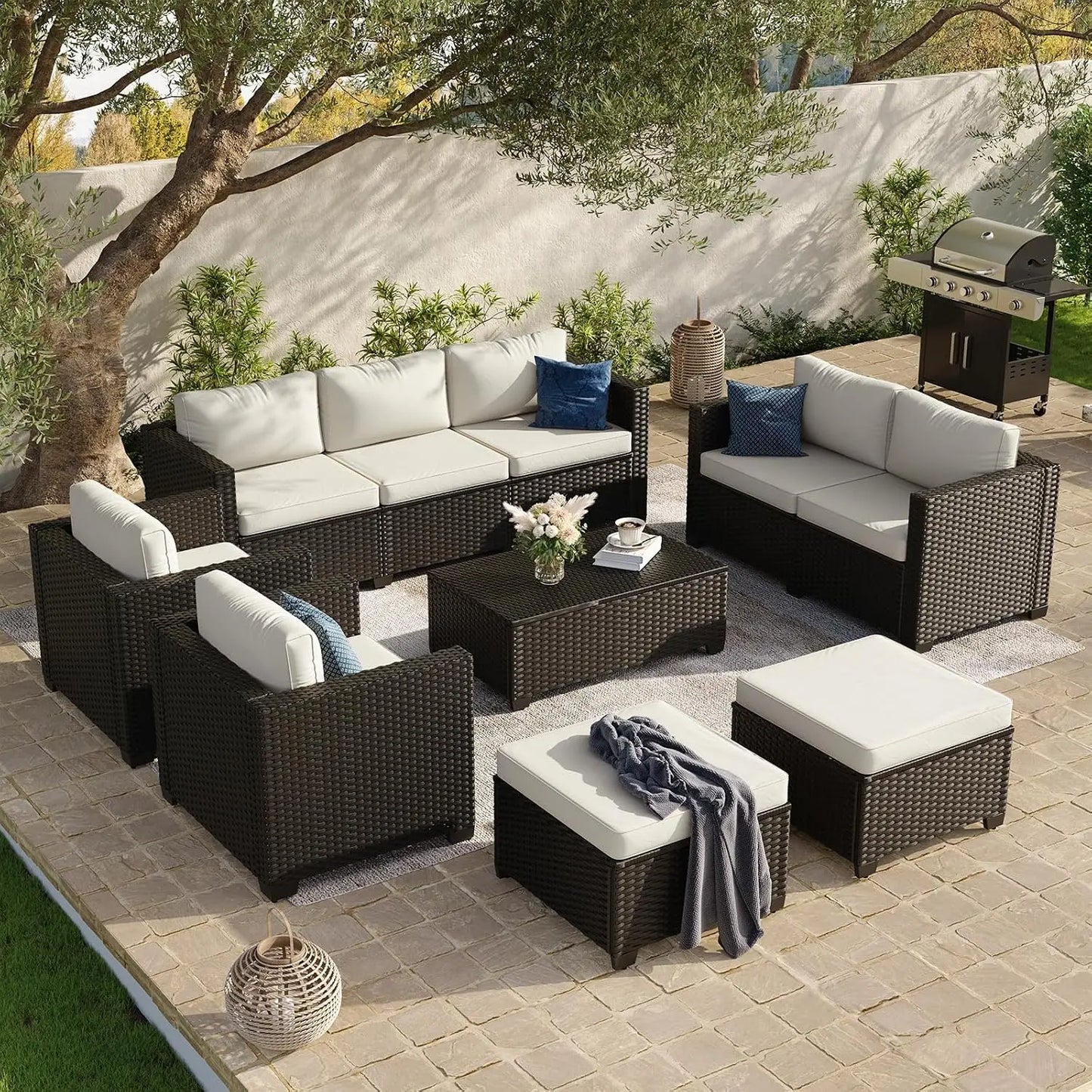 10 Piece Outdoor Patio Furniture Set 9 Seats, Outdoor Sectional with Thick Waterproof Cushions, Patio Conversation Sets, Custom