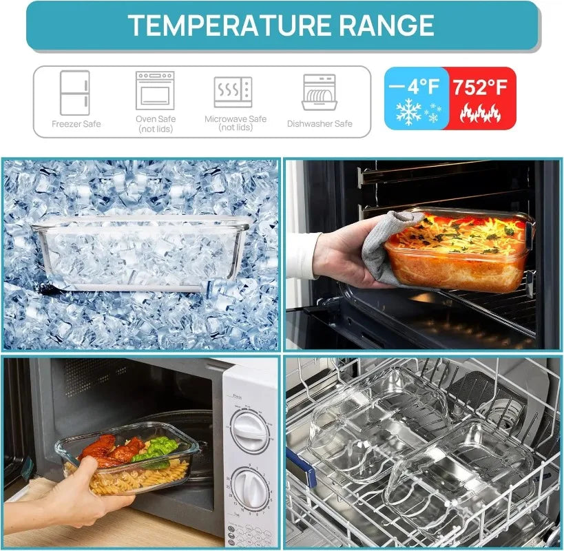 Glass Food Storage Containers Set, Airtight Leak‑Proof Glass Meal Prep Containers with Lids, Multi‑Sizes Reusable Lunch Box for Kitchen Fridge Freezer Microwave Dishwasher Safe, Food Organizer