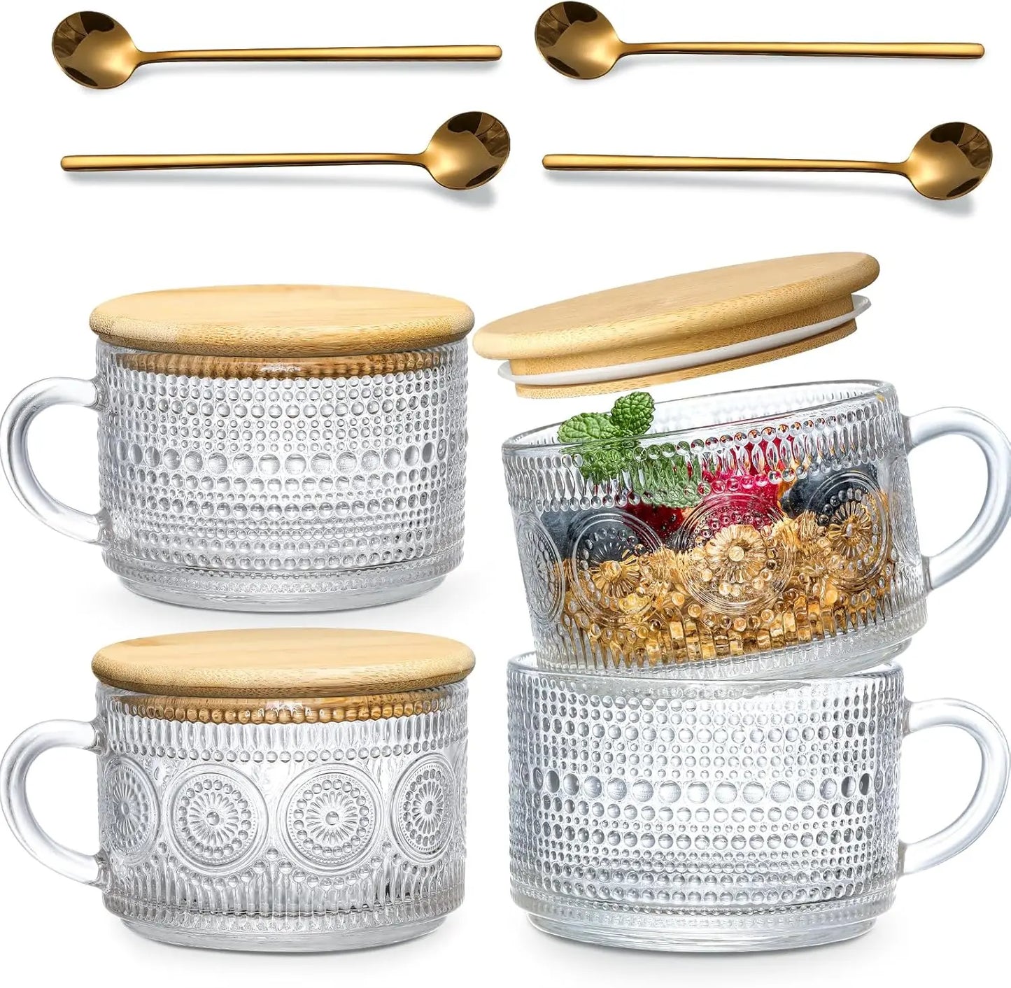 Glass Cups With Wooden Lids Set Of Four For Cappuccino
