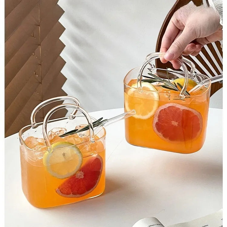 Creative Portable Handbag Glass Cup With Straw Fruit Wine Glass