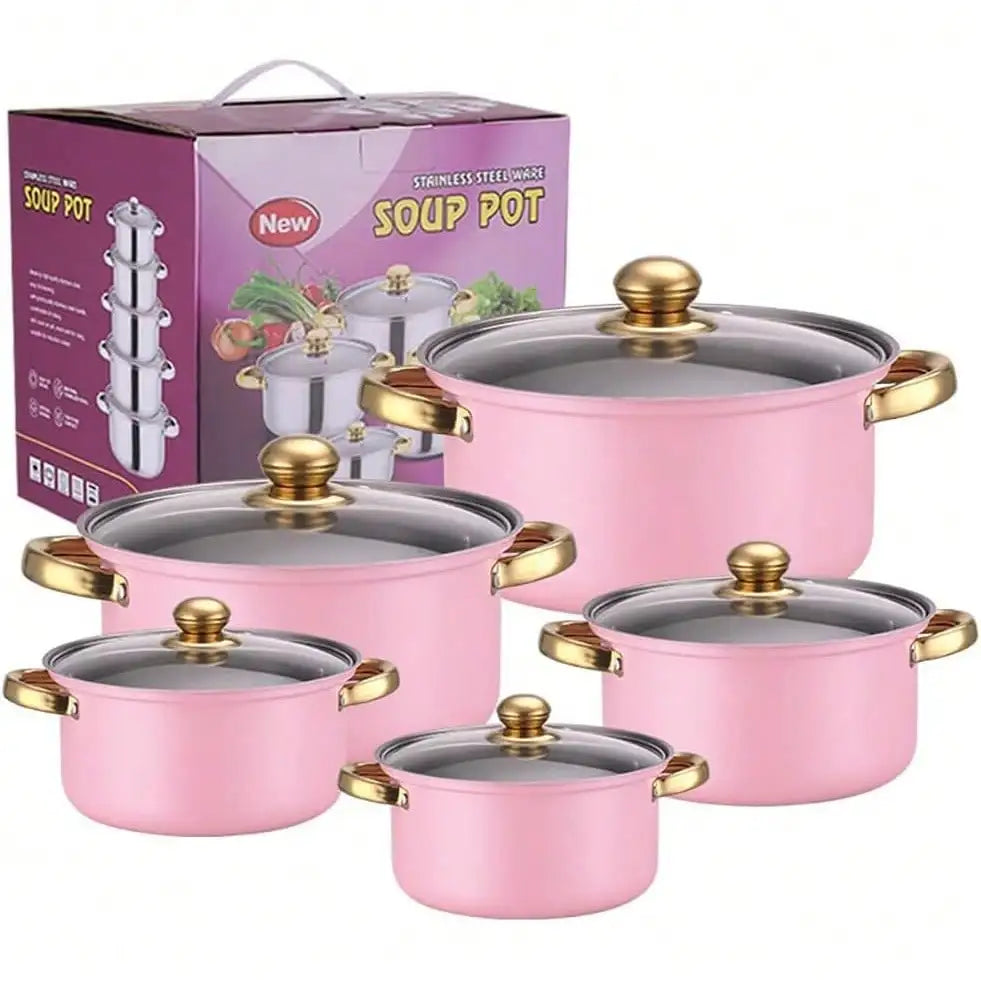 Stainless Steel Cookware Set Cute Nordic Nonstick Cookware Set Pink Stainless Steel With Gold Handles 18 Pcs Set Nonstick Coating For Gas Electric Induction Stove Home Kitchen Cooking