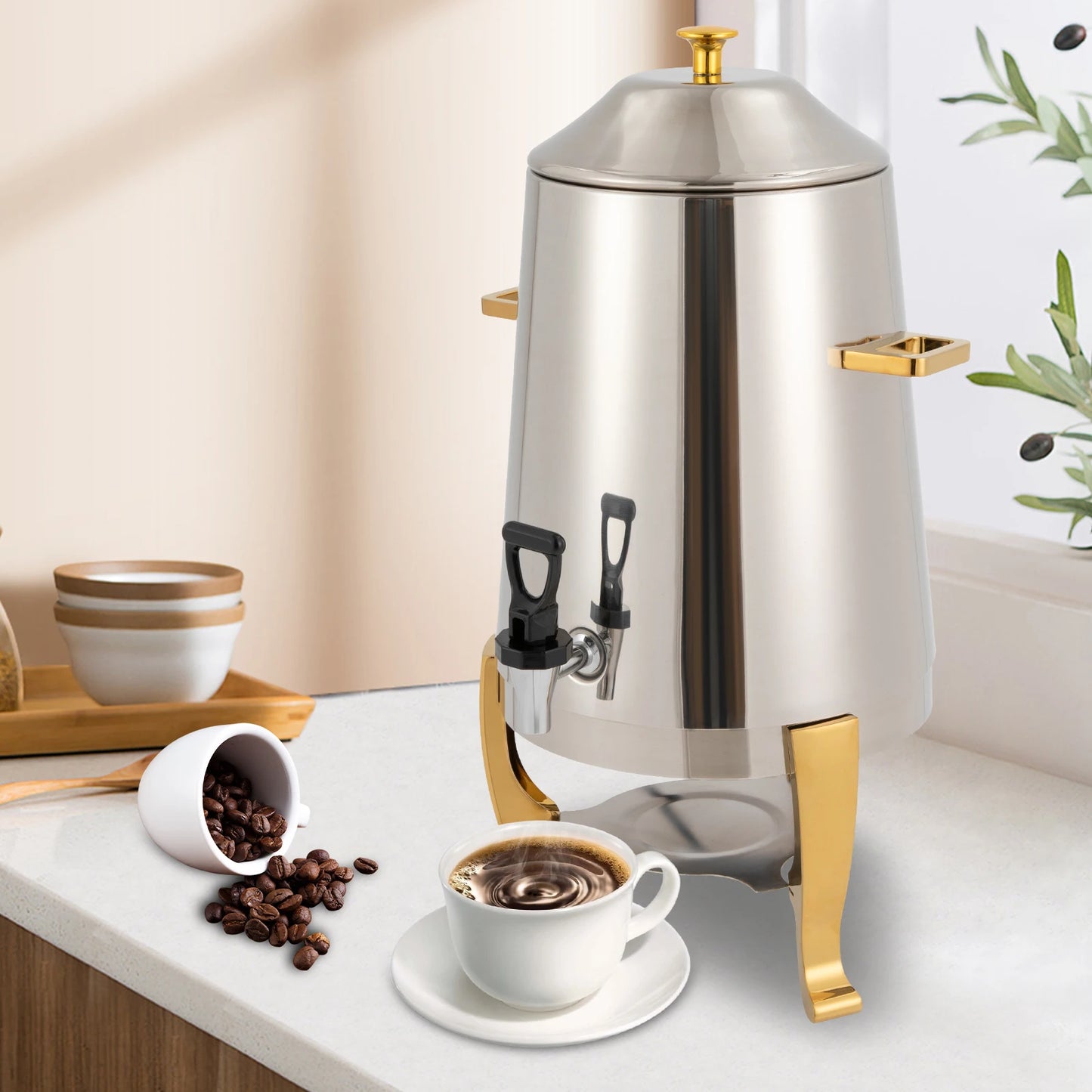 Stainless Steel Hot Beverage Dispenser – Fuel Tray Heating – Electrolytic Polished – Tripod Base – 10.63"x10.63"x22.05" – for Coffee Tea Milk Party Hotel – Silver Gold