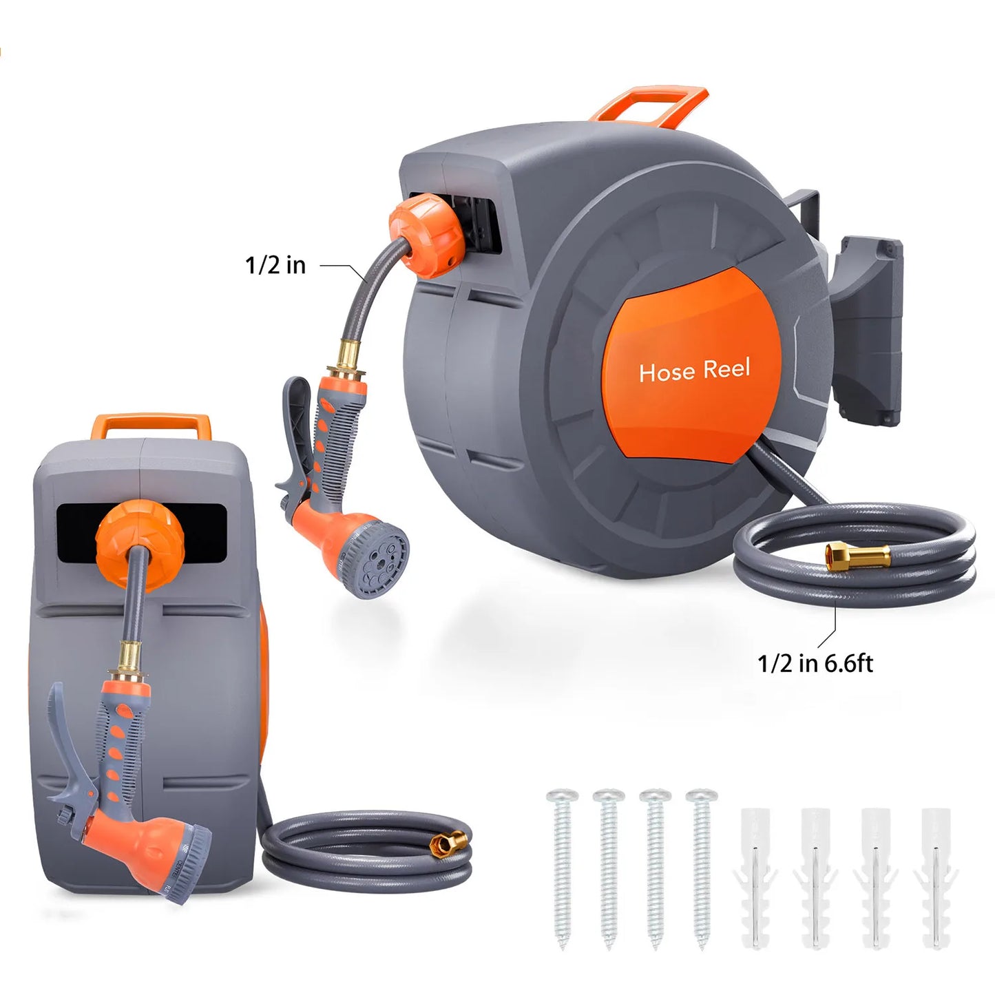 Retractable & Wall-Mounted Garden Hose Reel - 1/2" x 65FT/100FT with 9-Function Sprayer, Auto Rewind, 180° Swivel, Any Length Lock - Durable Garden Irrigation Tool