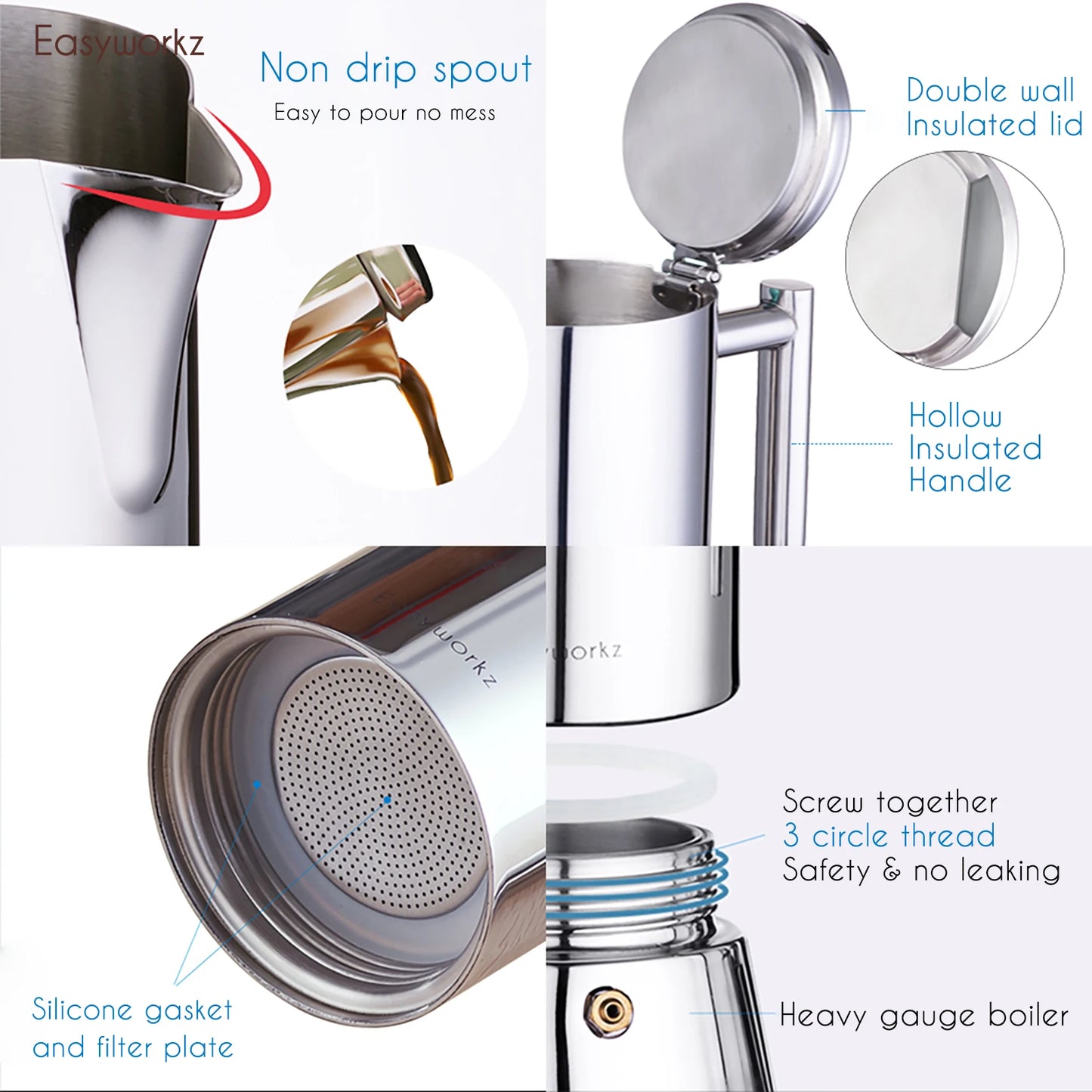 Easyworkz Stovetop Espresso Maker Moka Pot Stainless Steel Induction