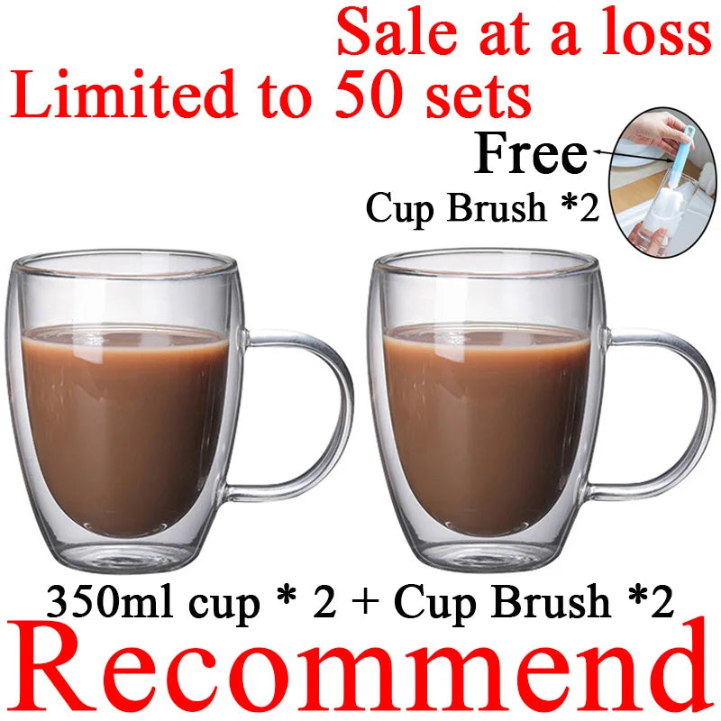 Double Wall Borosilicate Glass Mugs Set Drinkware Heat Resistant