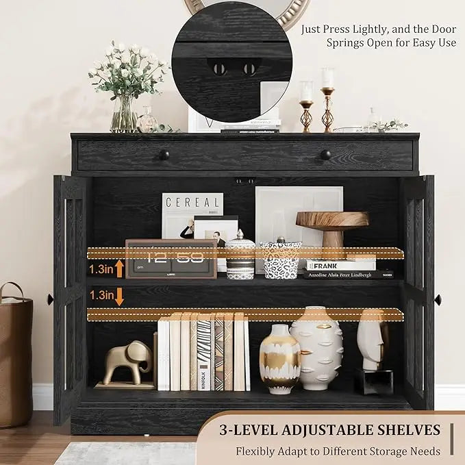 HiMISS Oak Sideboard Buffet Cabinet With Glass Doors And Drawer
