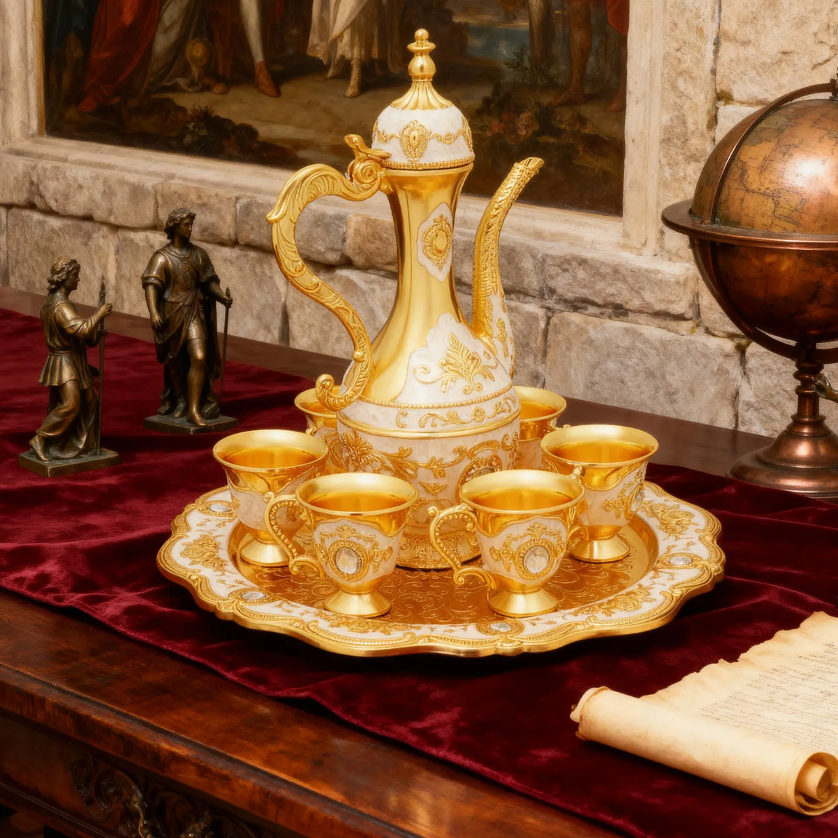 Tea Set with Tray, Vintage Coffee Set 1 Teapot 6 Cups 8.45oz, Gold White Tea Set for Home Wedding Gift