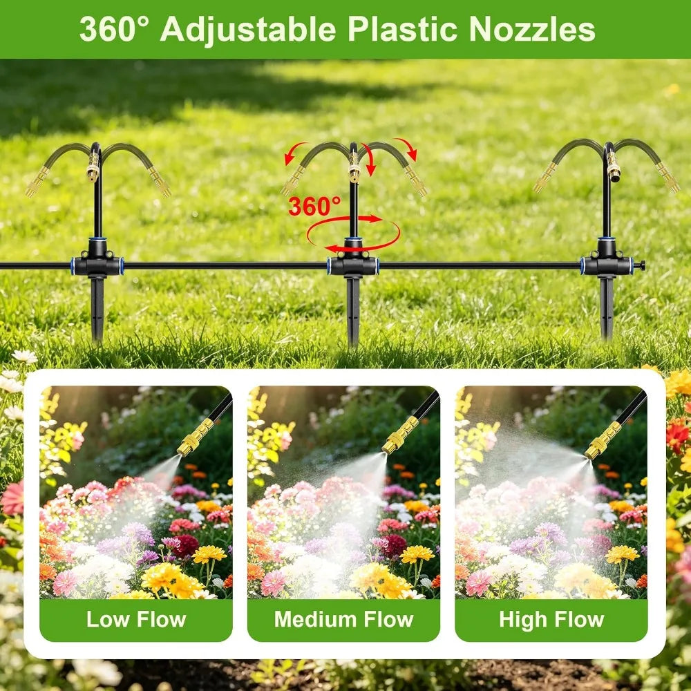 200Ft 360° Adjustable Irrigation System With Stake Holders, 1/4" Tubing, 32 Nozzles, Automatic Watering Misting Sprinkler For Garden, Raised Bed, Lawn, Plants