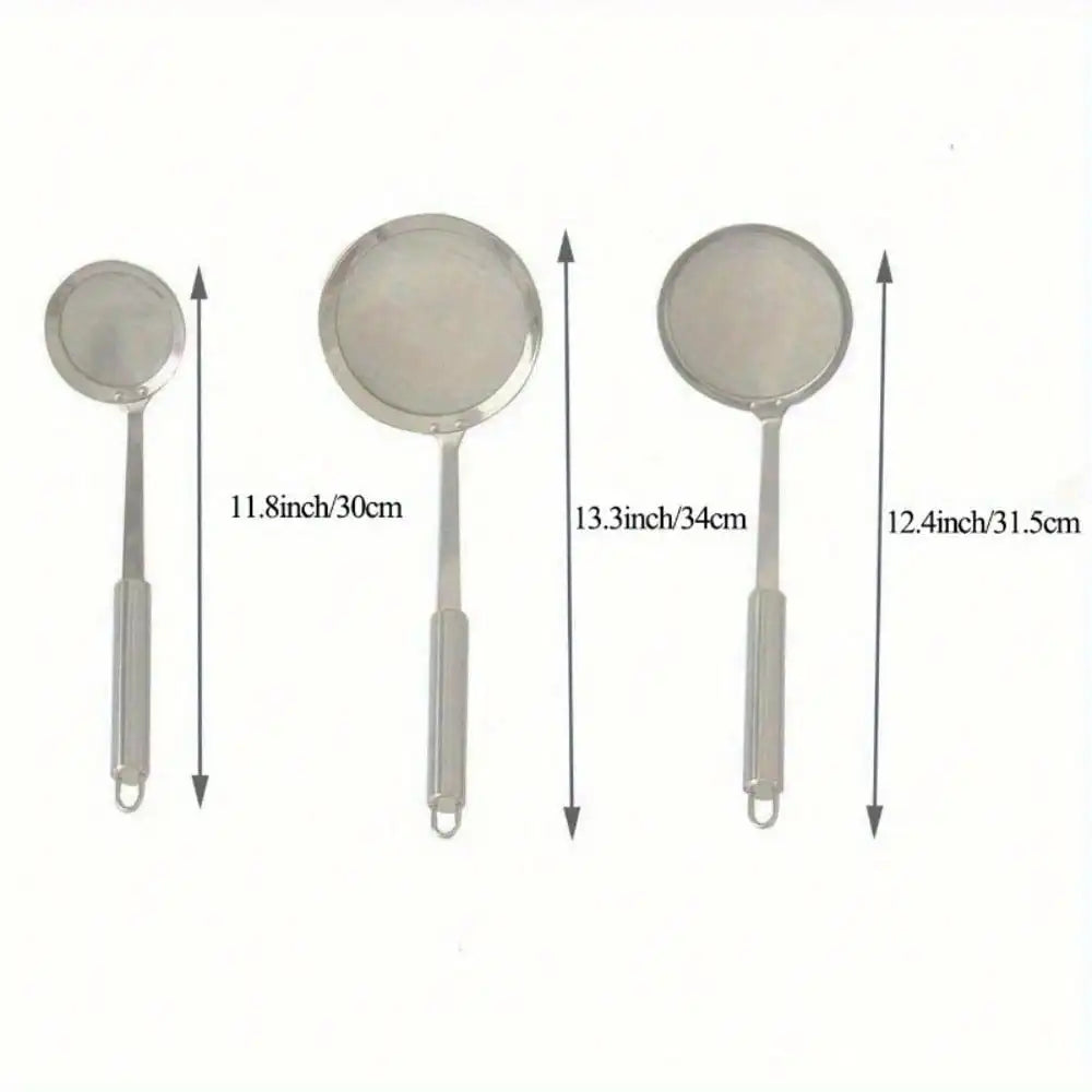 3Pack Fine Mesh Strainer Set Stainless Steel Metal Flat Cooking Skimmer Ladle Colander with Handle Food Strainer Kitchen Tools
