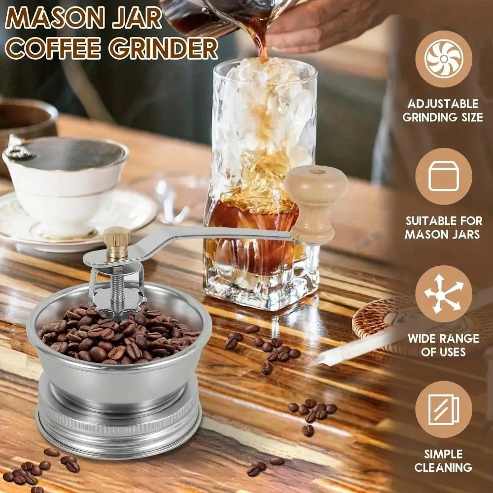 Stainless Steel Manual Coffee Grinder Set, for 70mm Wide-Mouth Mason Jars - A Manual Burr Grinder Perfect for Fresh Coffee, Great for Camping and Home Brewing