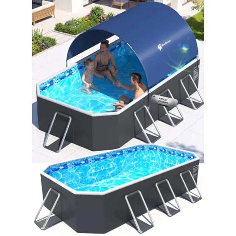 Foldable Pool With Canopy For Backyard Use Non-Inflatable Portable Collapsible