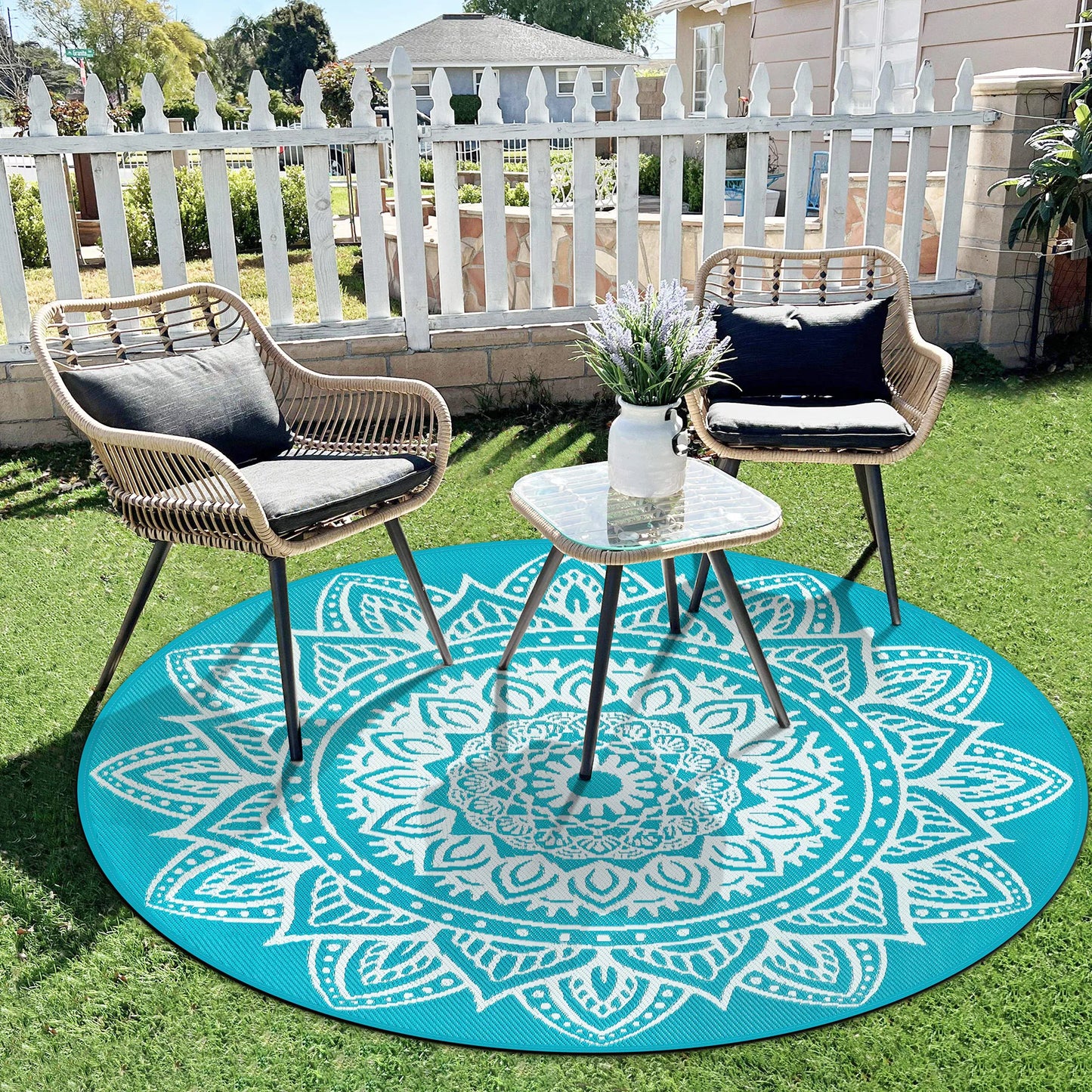 Round Outdoor Rug Reversible Waterproof Plastic Straw Mat Portable RV