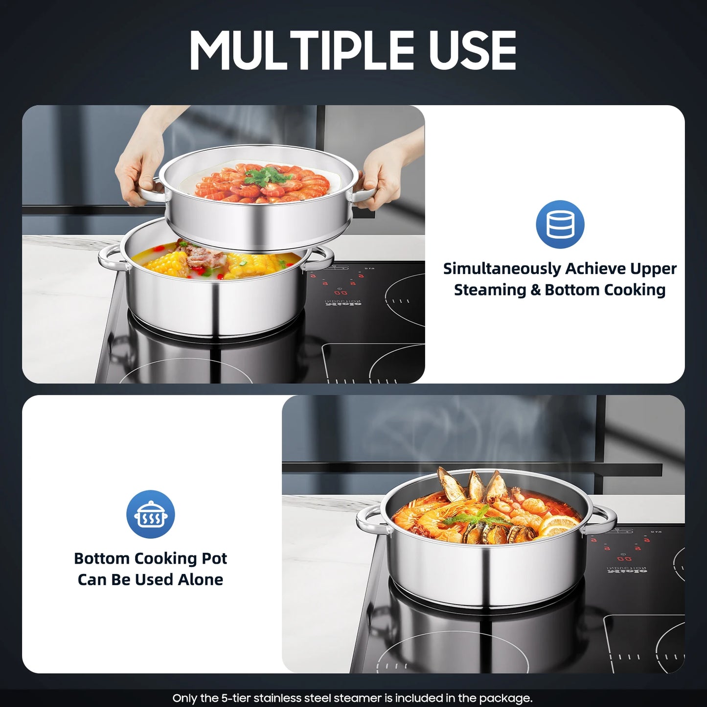 5 Tier 304 Stainless Steel Steamer Pot With Clear Lid