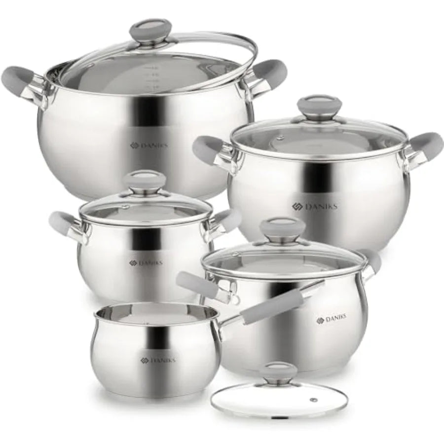 Stainless Steel 10 Piece Cookware Set With Glass Lids Induction Compatible