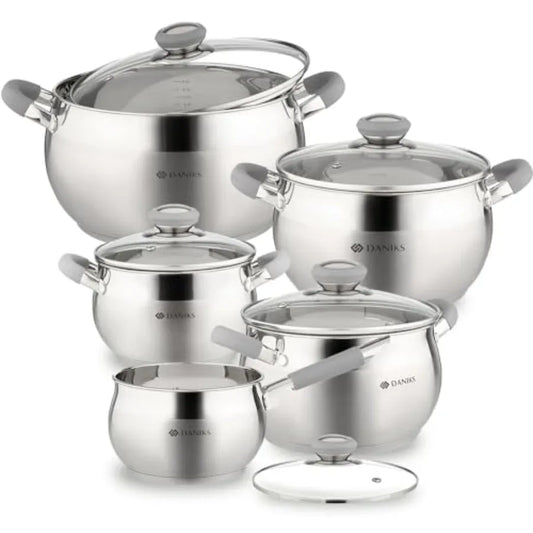 Stainless Steel 10 Piece Cookware Set With Glass Lids Induction Compatible