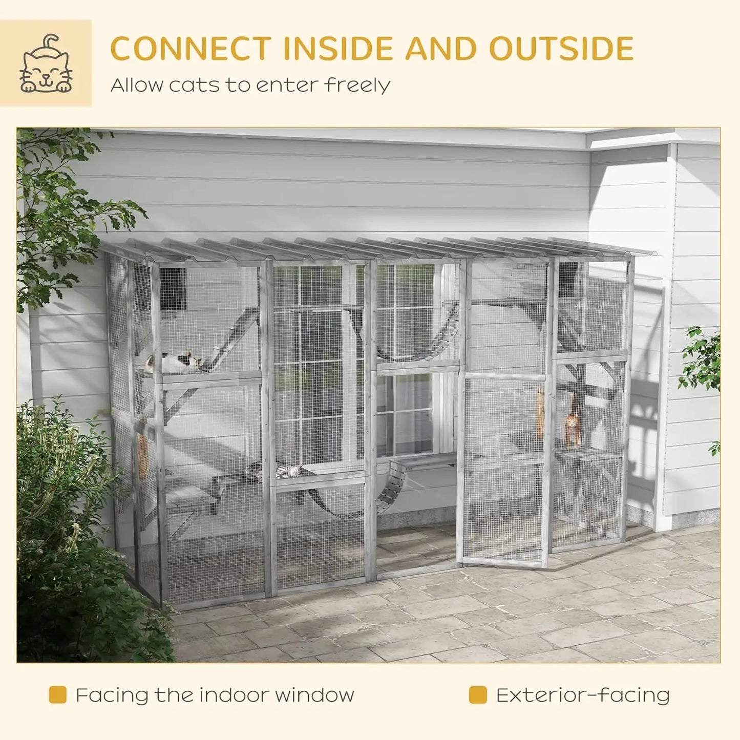 Outdoor Cat Enclosure Window With Weatherproof Roof And Wooden Frame