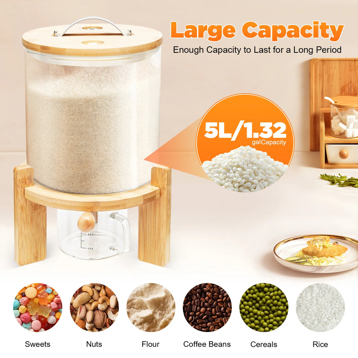 5L 1.32Gal Airtight Cereal Dispenser Stainless Steel Glass Silicone Bamboo Measuring Cup Moisture Proof Grain Storage Container