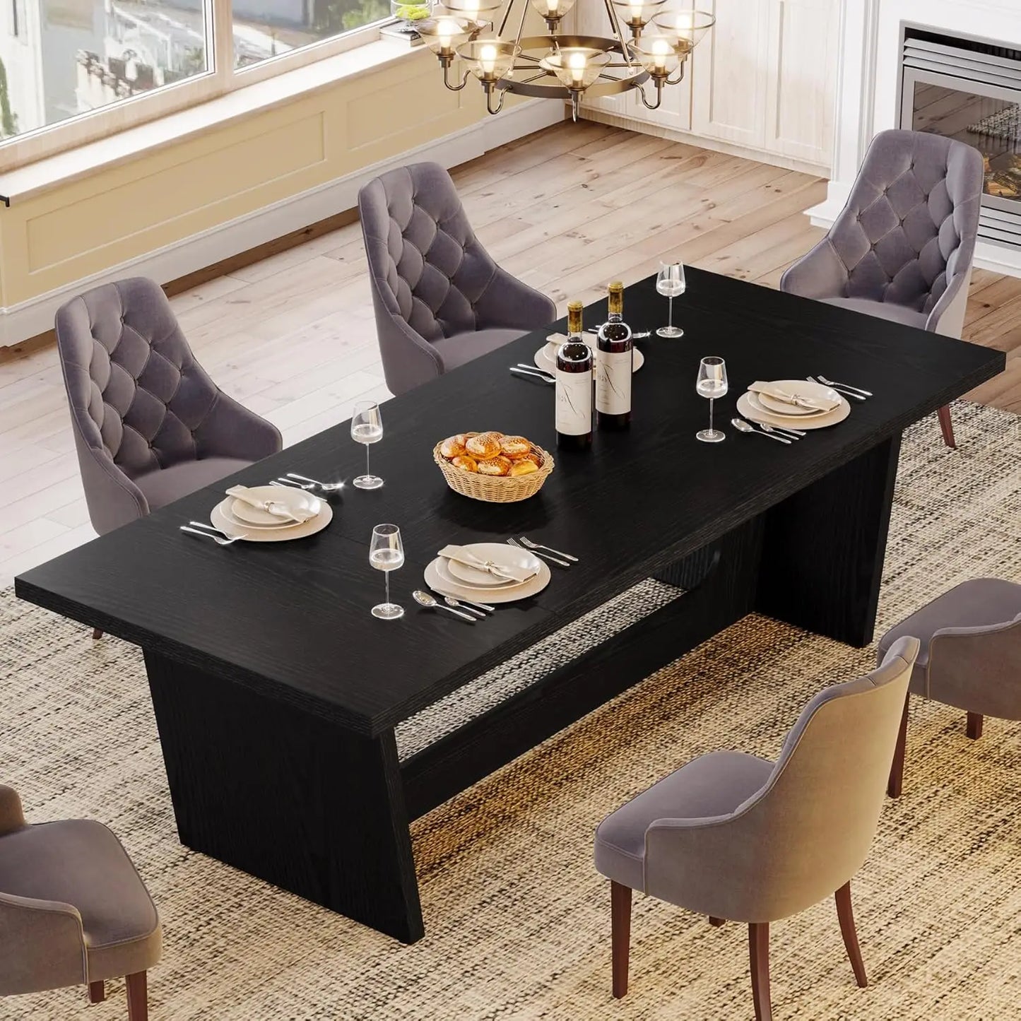Dining Room Table: Rectangular Farmhouse Kitchen Table with Solid Pedestal, Rustic Long Dinner Table for Big Family
