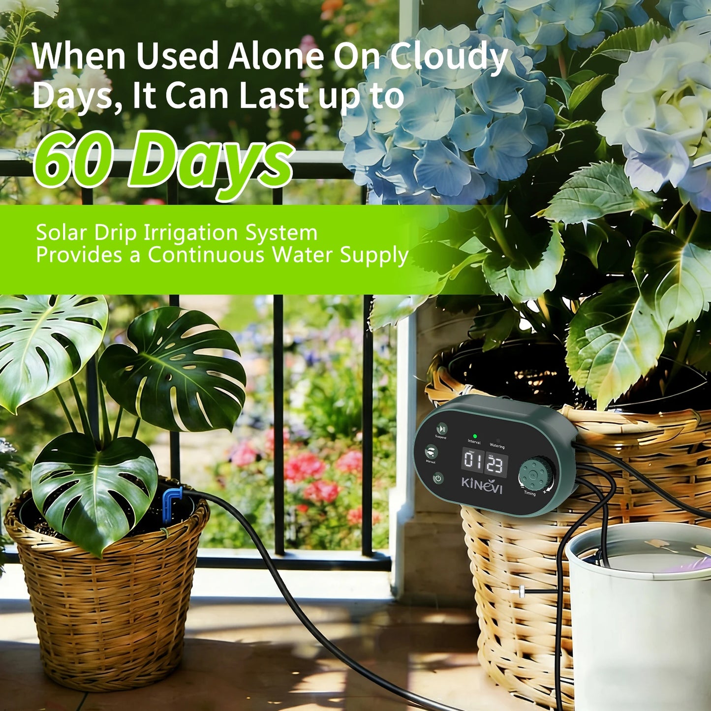 Solar Drip Irrigation System, 3W Automatic Watering System Built in 2200mAh Battery, with 22 Timing Modes 15m Hose&Anti-Siphoning, Suitable for Indoor Outdoor Plants Vegetables Shrubs