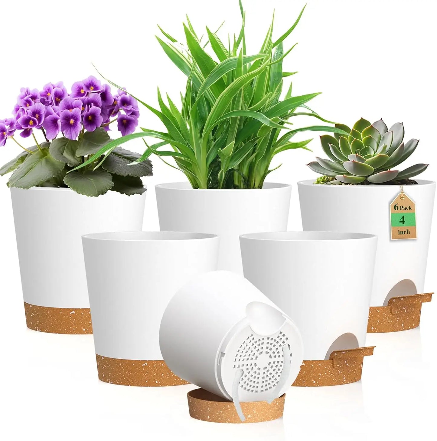 Self-Watering Plant Pots Set, Six Pack With Drainage Holes