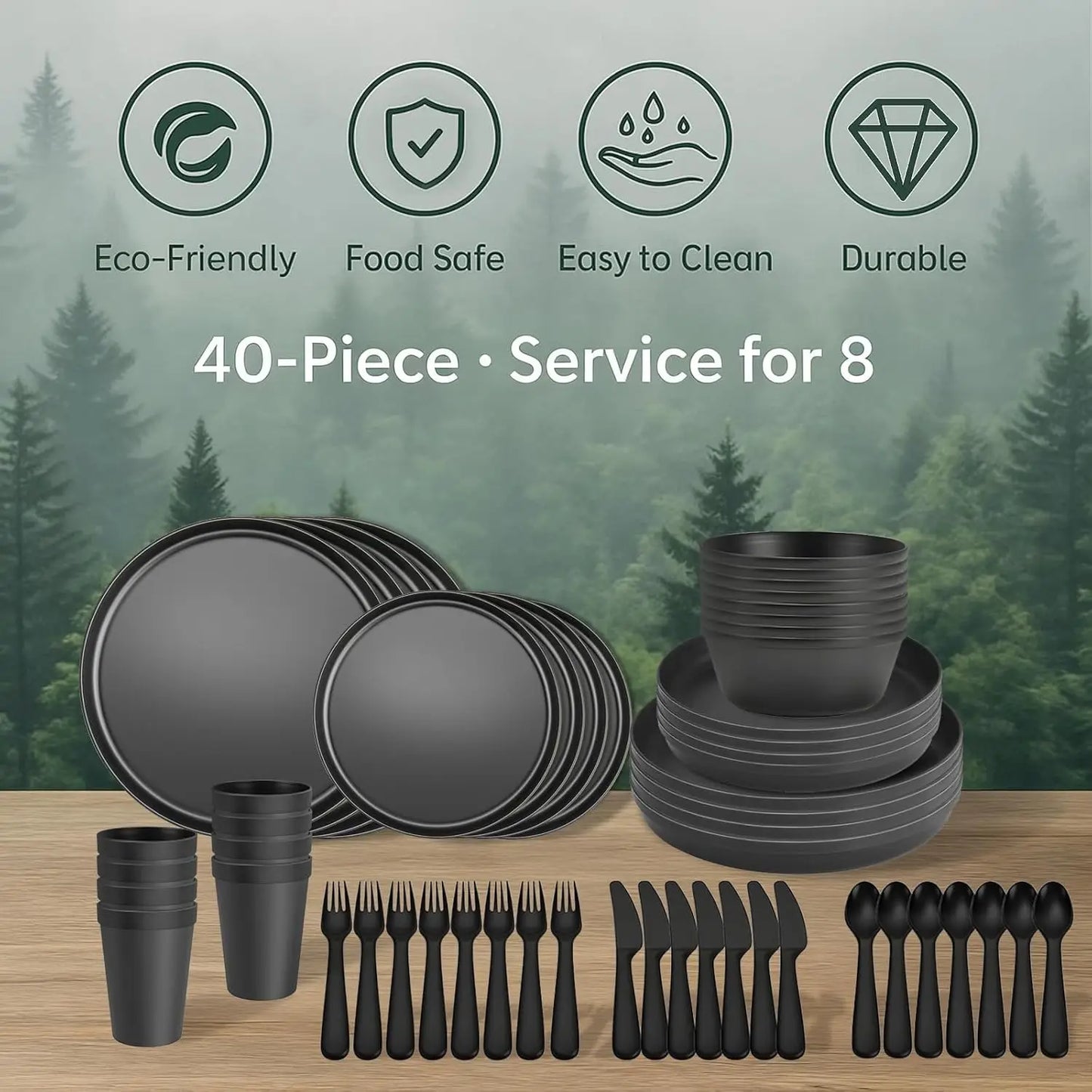 RV Camping Dinnerware Set for 8 Microwave Safe Unbreakable Cutlery