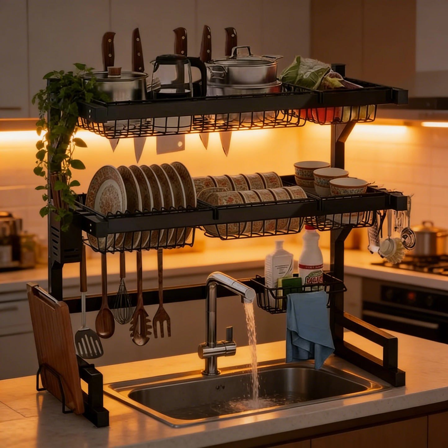 Over-Sink Dish Drying Rack With Utensil Holder And Adjustable Shelves