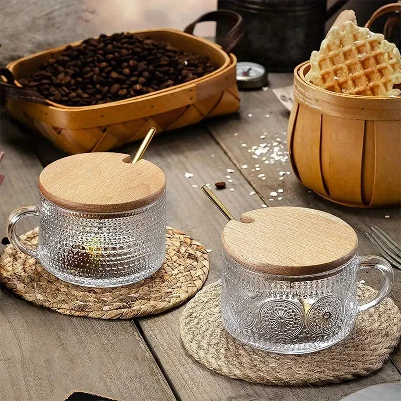 Glass Cups With Wooden Lids Set Of Four For Cappuccino