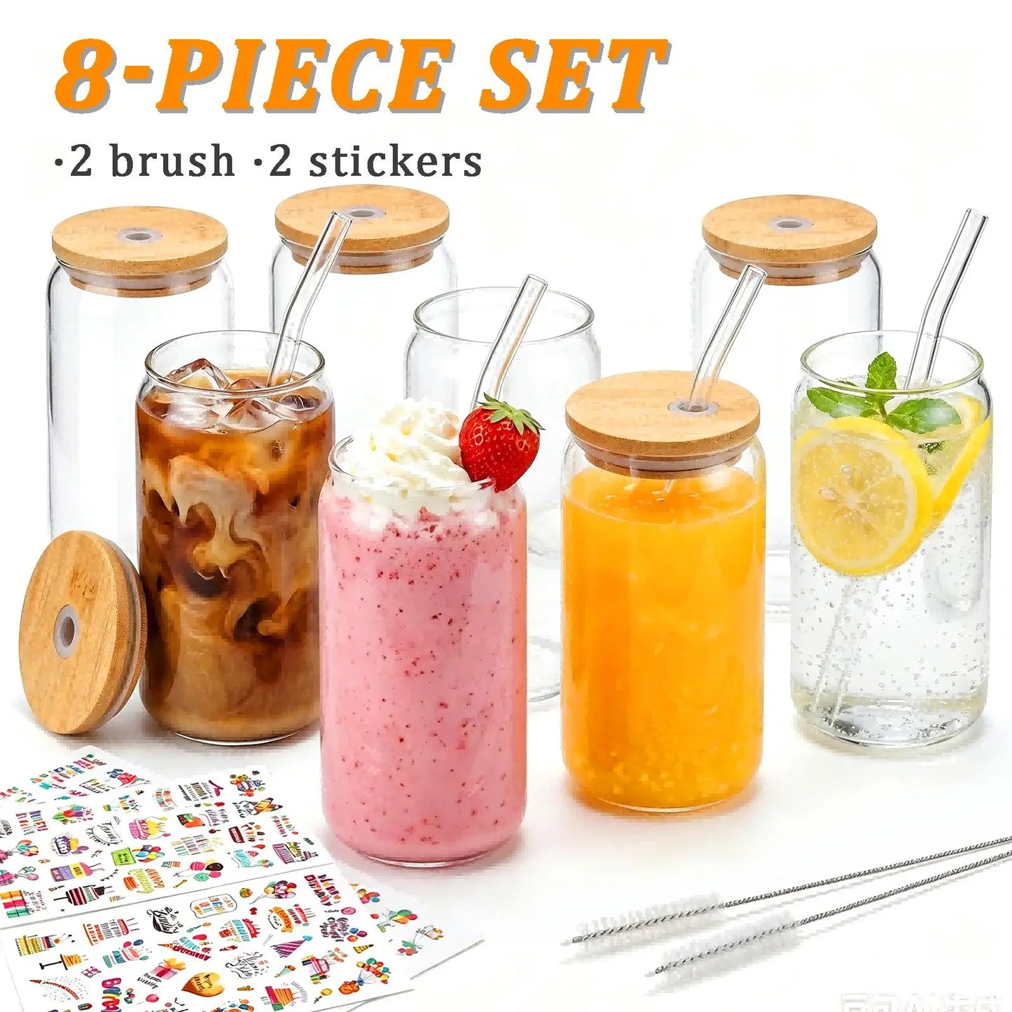 Glass Cups Set With Bamboo Lids Glass Straws And Brushes