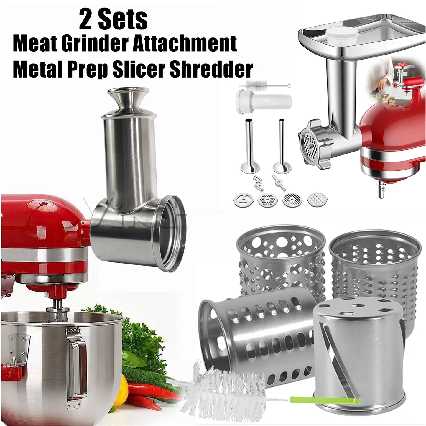 2Set Large 4 Cutting Blades Stainless Steel Slicer Shredder Attachment+Food Meat Grinder Attachment For KitchenAid Dishwasher Safe Vegetable Cheese Grater Accessories