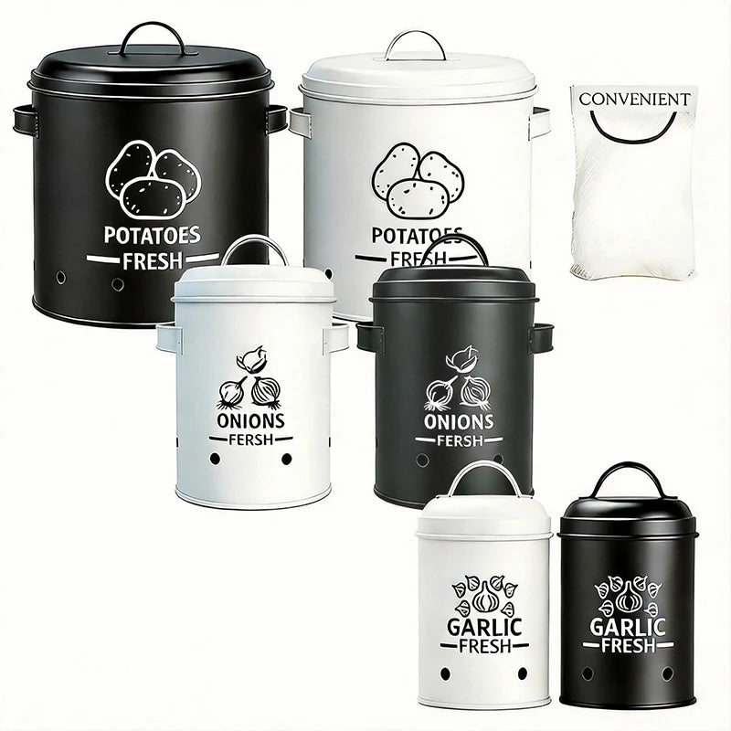 Metal Potato Onion & Garlic Storage Containers with Lids & Air Holes – Stackable 3 Sizes Space-Saving for Kitchen Counter Black