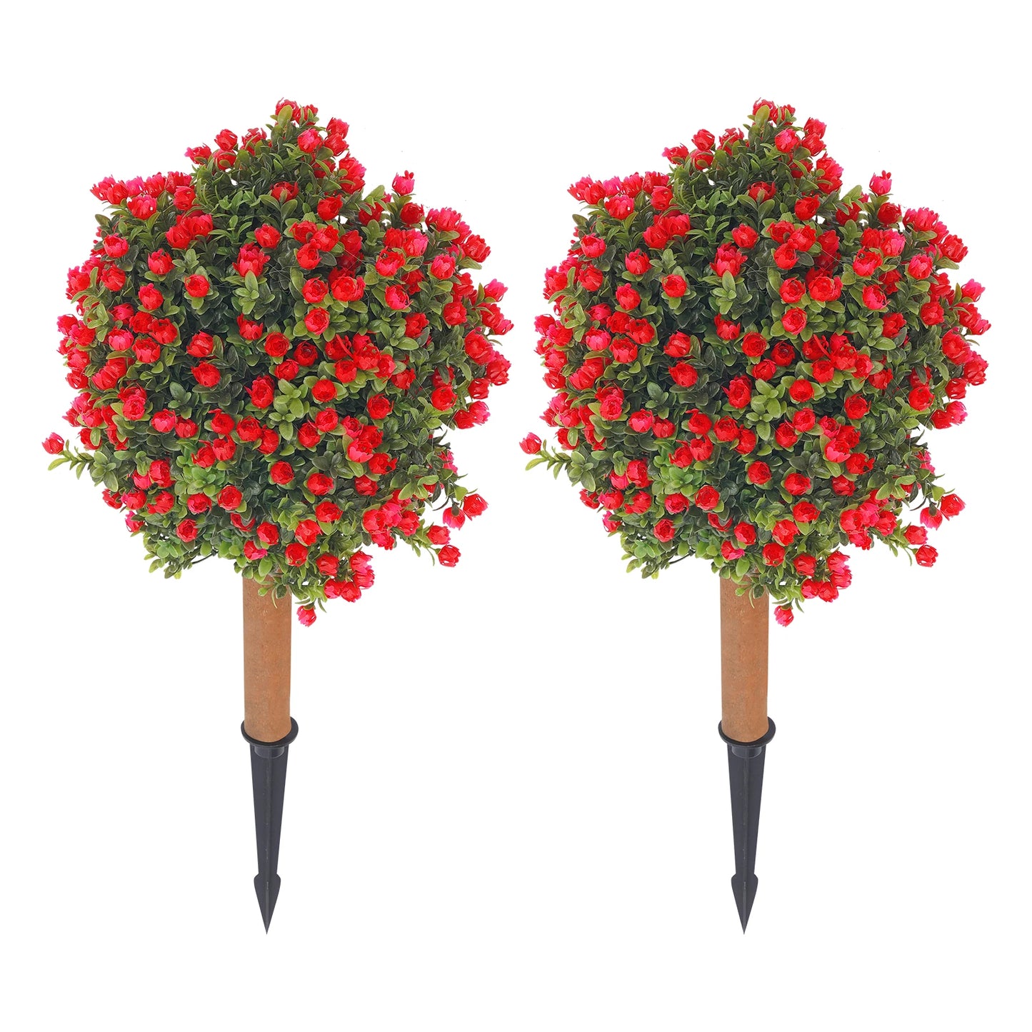 Courtyard Landscape Decor, Artificial Boxwood Topiary Ball Tree, Wood Plastic 69cm 2pcs Red Floral Ground Spike Artificial Boxwood Topiary Ball Tree, Artificial Boxwood Topiary Ball Tree Garden Patio Outdoor Layout Accessory