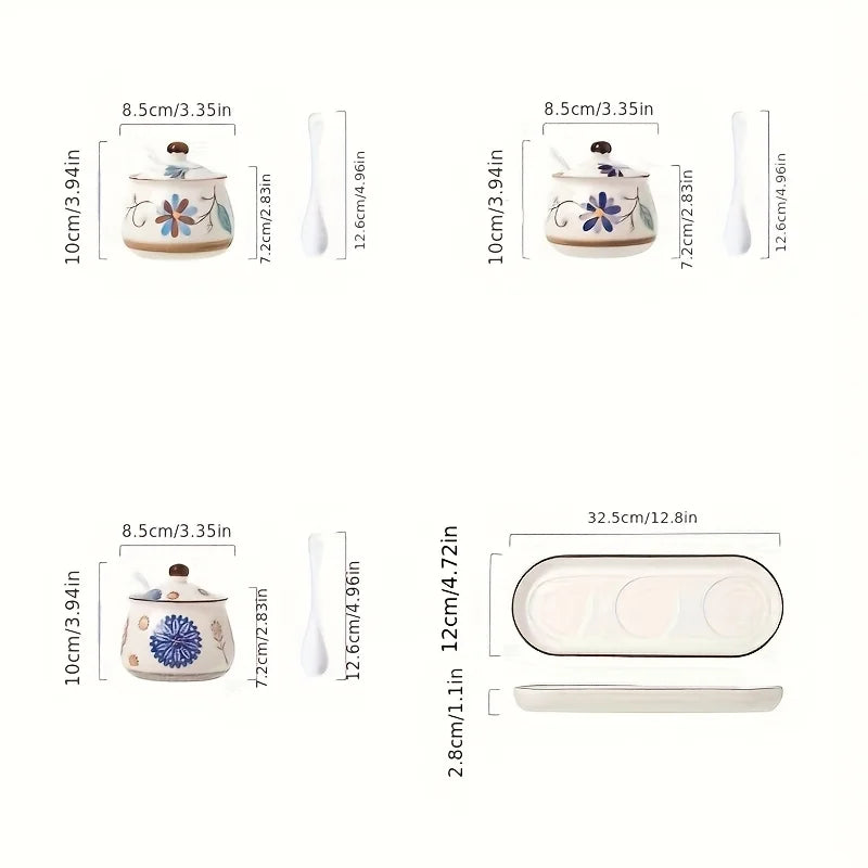Japanese Ceramic Seasoning Bottles Set With Lids And Spoons