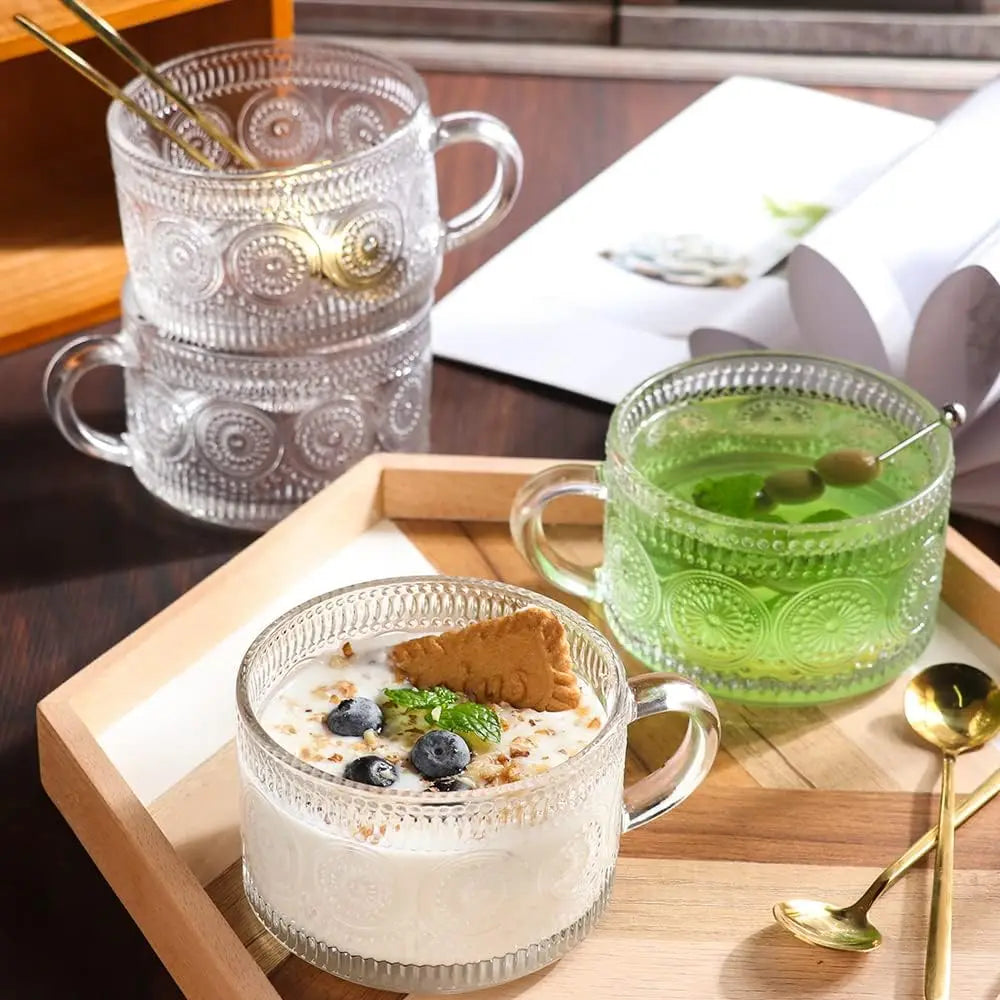 8‑Pack Embossed Glass Coffee Mugs Set with Bamboo Lids and Golden Spoons, Clear Vintage Texture Glass Cups, Oatmeal Yogurt Dessert Bowls, Drinking Tumbler for Tea, Milk, Juice, Home Kitchen Daily‑Use Drinkware