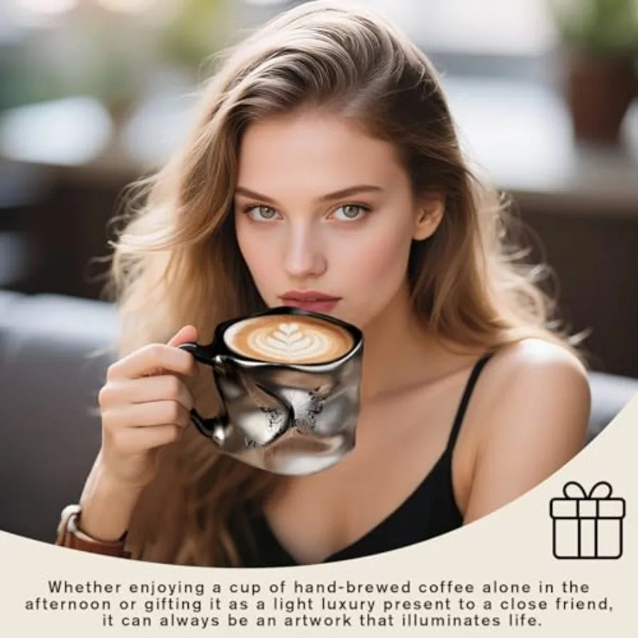 Set of 2 Ceramic Titanium Silver Plating Coffee Mugs for Latte, Cappuccino, Tea, Includes Spoon and Gift Box, Perfect Retiremen