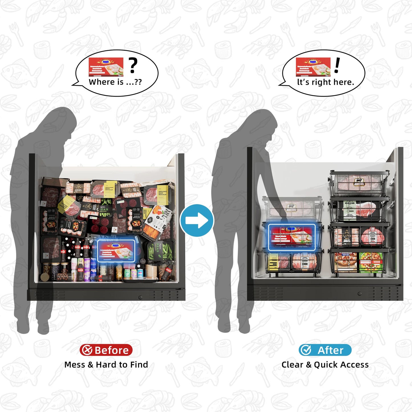 2/4 Pack Expandable Chest Freezer Basket Organiser, Stackable Metal Wire Kitchen Storage Boxes with Fold Down Handles, Pantry Freezer Storage Bins for Bulk Meat & Frozen Food