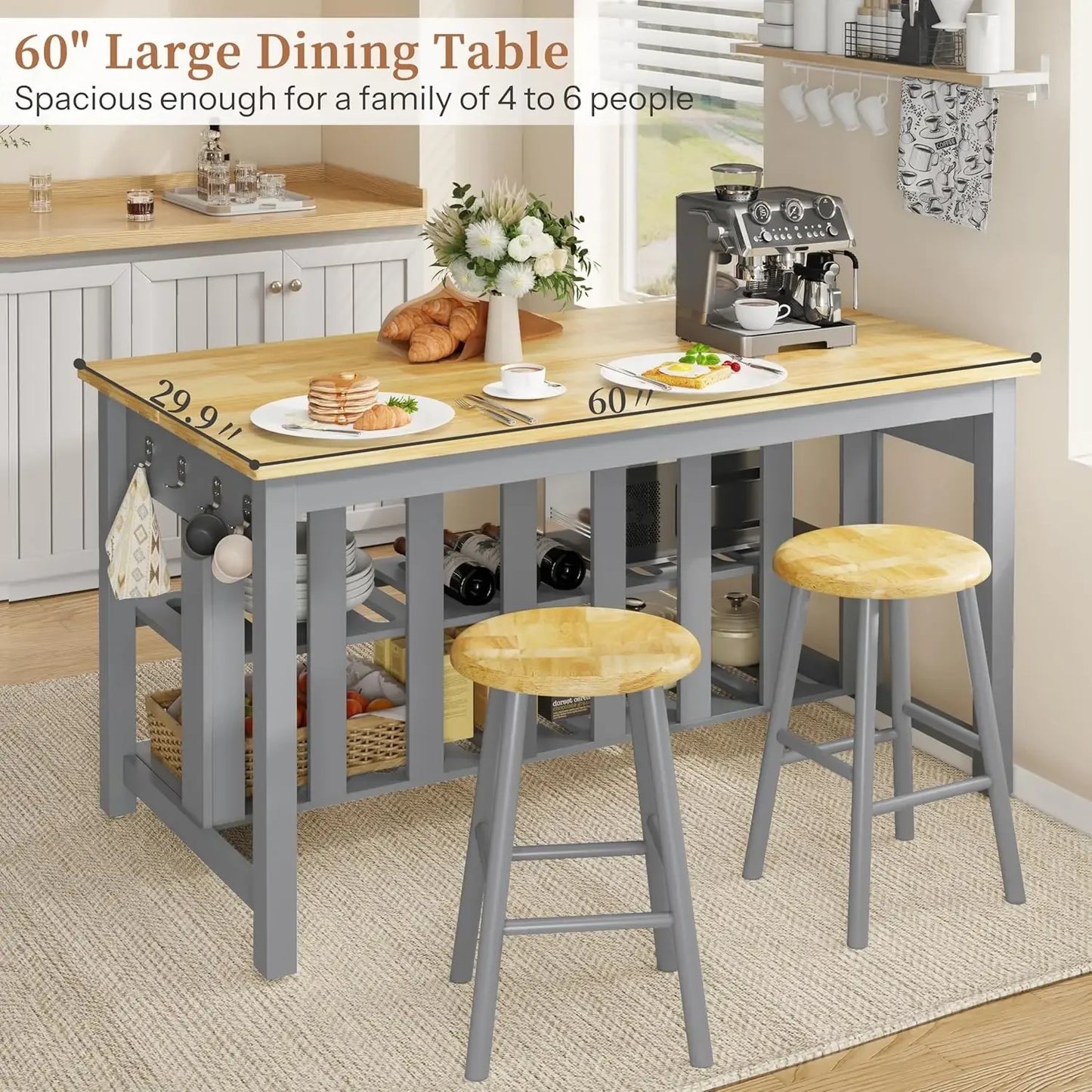 Rubberwood Kitchen Island With Power Outlets And Shelves Farmhouse Style