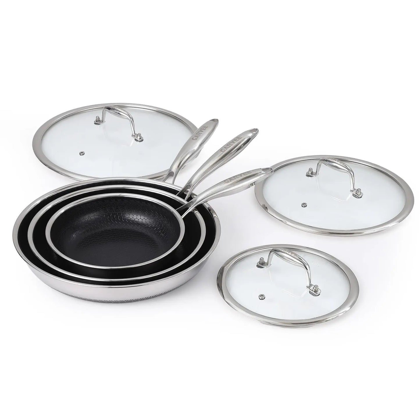 HiMISS Tri Ply Nonstick Stainless Steel Frying Pan Set Lids