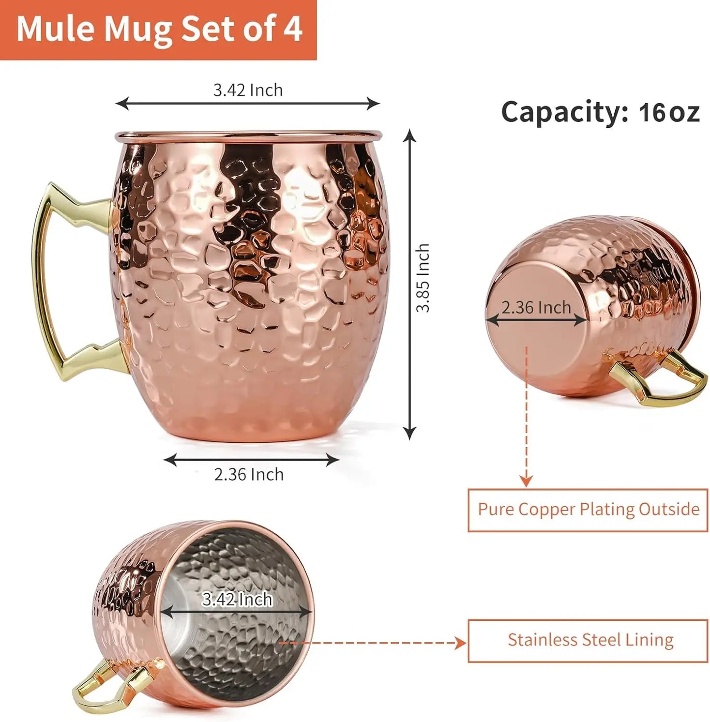 Hammered Copper Moscow Mule Mugs Set Of 4 With Stainless Steel Lining