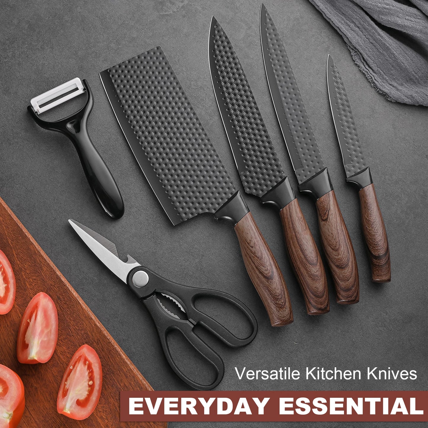 6/15Pcs Hammer Forged Kitchen Knife Set Pakka Wooden Handle Sharp Chef Knives Collection with Storage Block Scissors for Home Kitchen Cooking