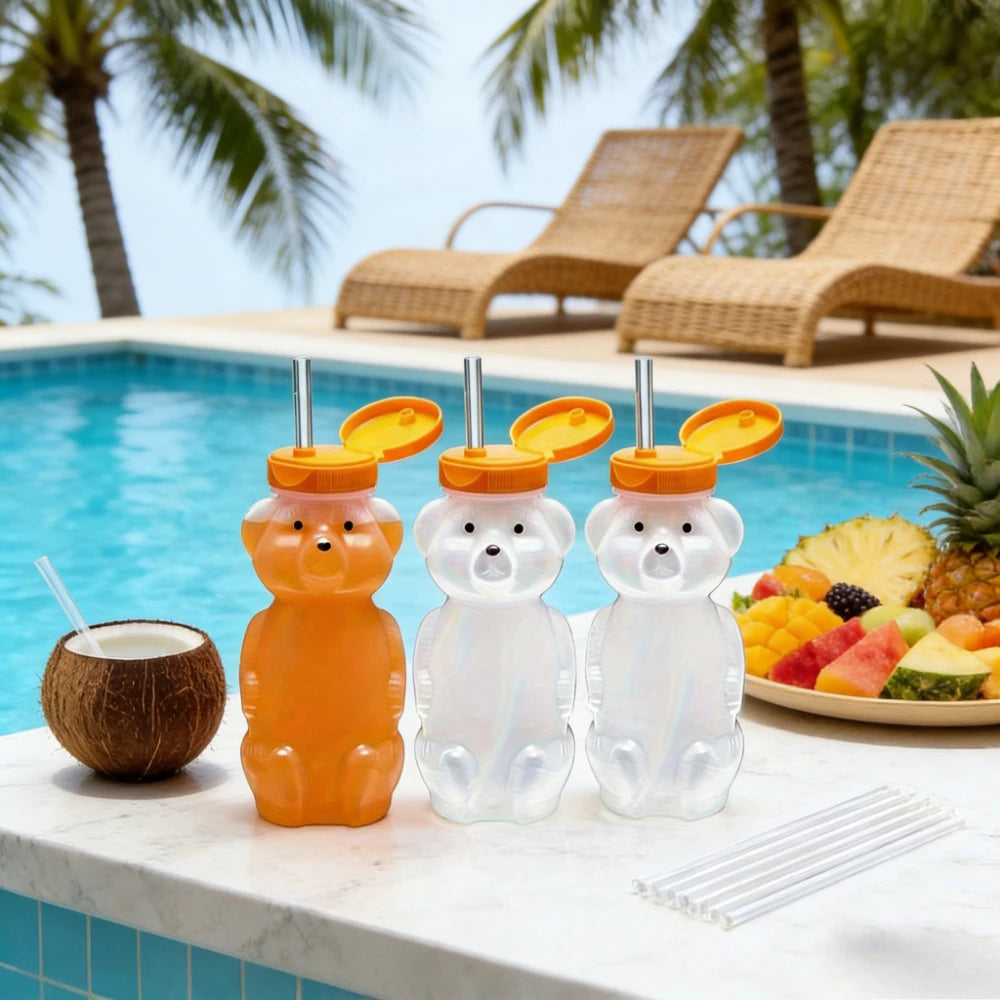 Bear Shaped Kids Water Bottles With Flip Straw Lids