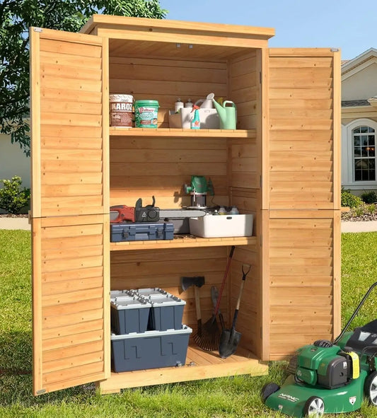 Outdoor Tall Wooden Storage Cabinet With 3 Shelves Double Lock Waterproof Roof