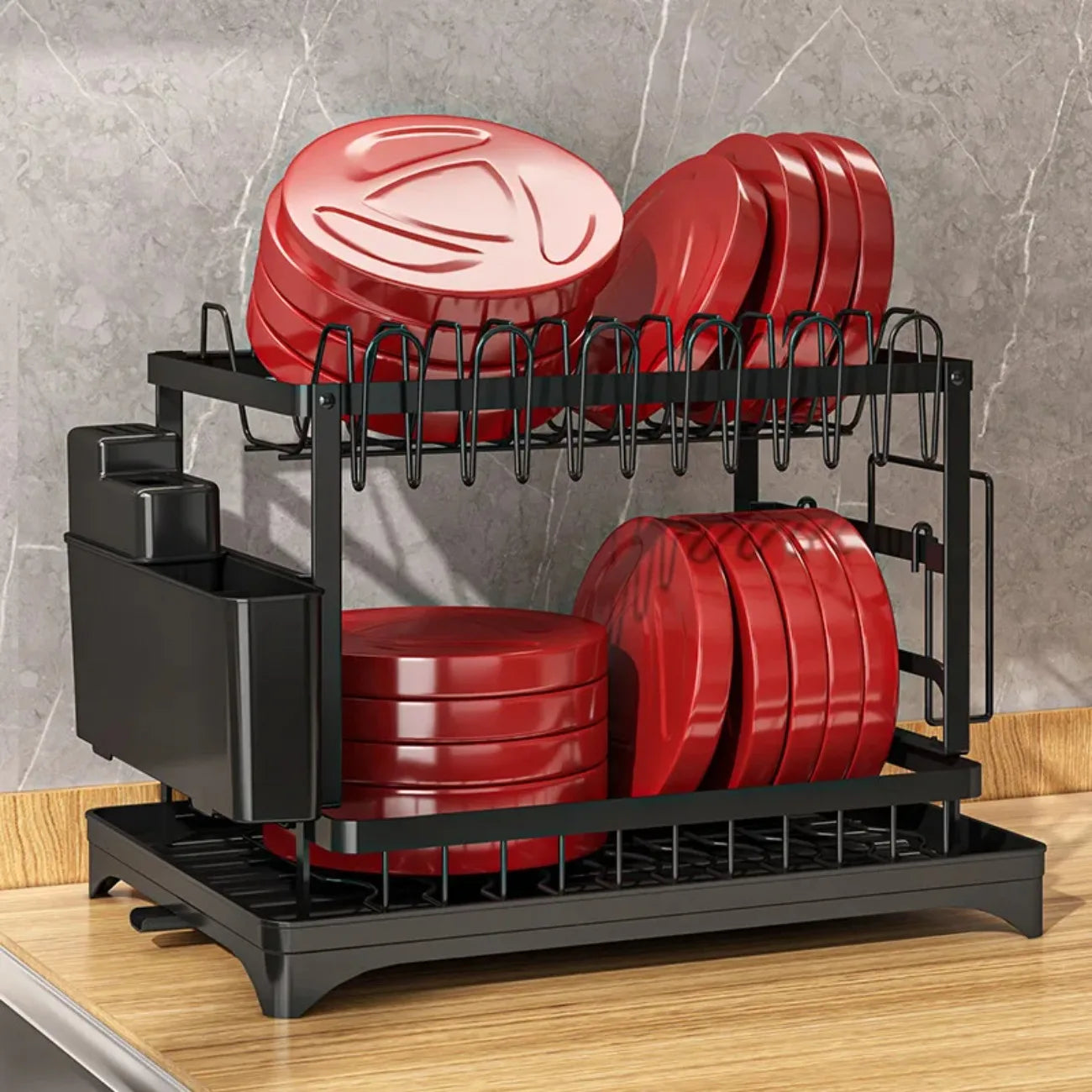 DIAMR 2 Tier Rotating Dish Drying Rack With Utensil Holder