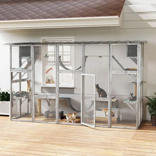 Outdoor Cat Enclosure Window With Weatherproof Roof And Wooden Frame