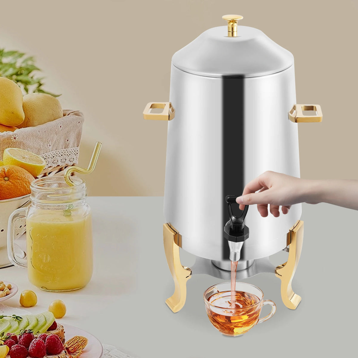 Stainless Steel Hot Beverage Dispenser – Fuel Tray Heating – Electrolytic Polished – Tripod Base – 10.63"x10.63"x22.05" – for Coffee Tea Milk Party Hotel – Silver Gold
