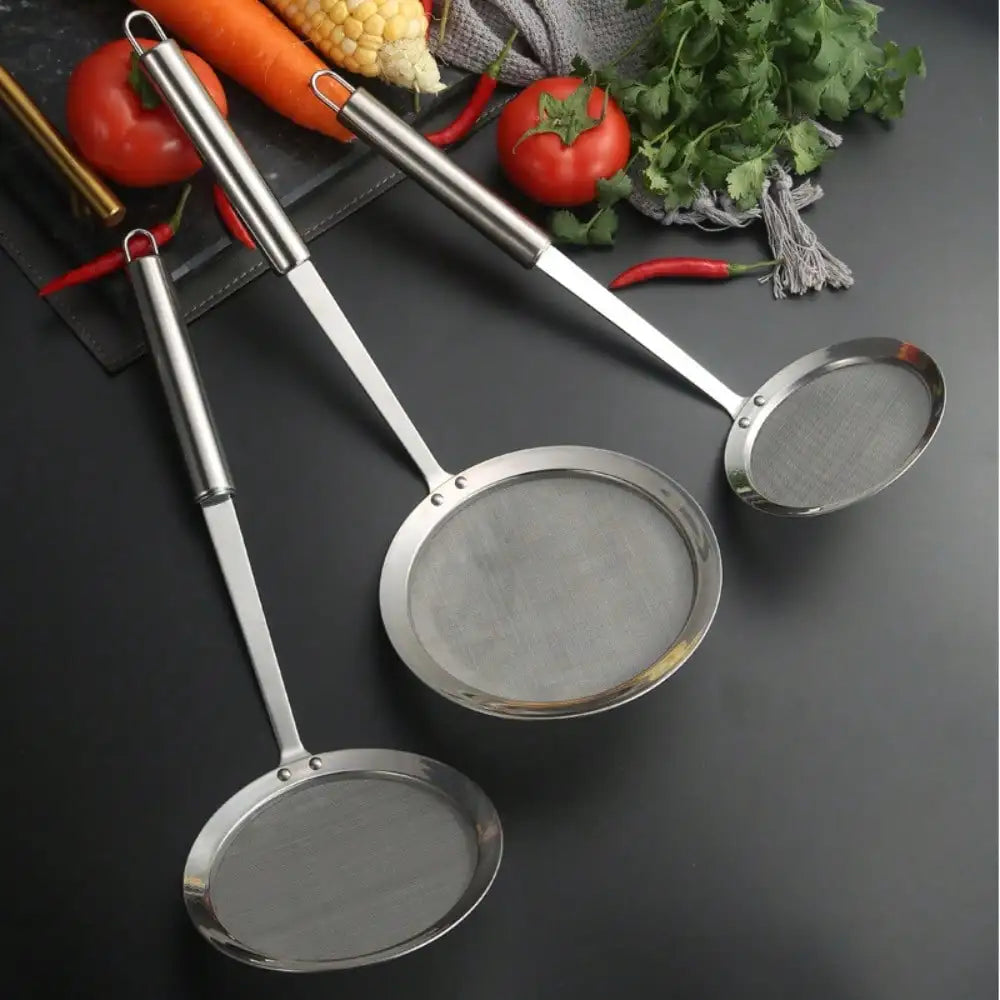 3Pack Fine Mesh Strainer Set Stainless Steel Metal Flat Cooking Skimmer Ladle Colander with Handle Food Strainer Kitchen Tools