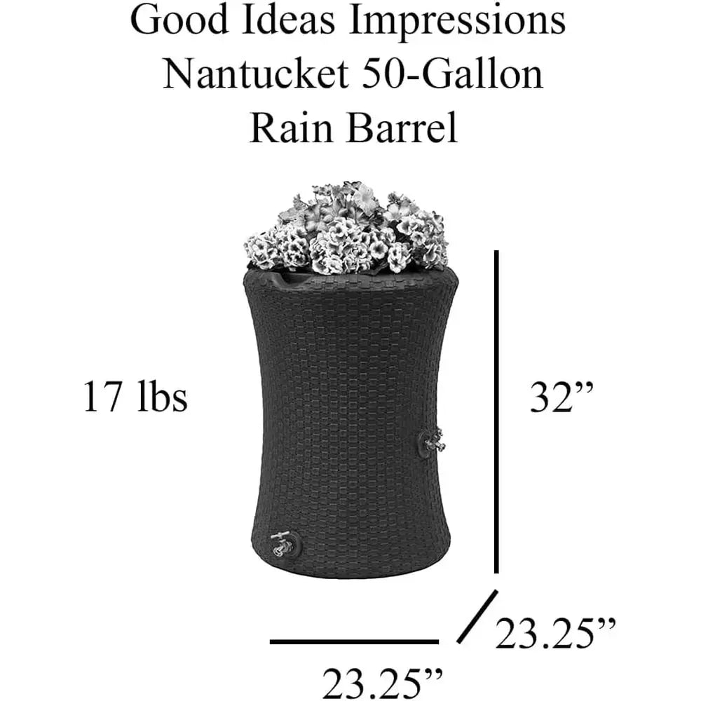 50 Gallon Outdoor Rainwater Barrel with Planter and Brass Tap, Black