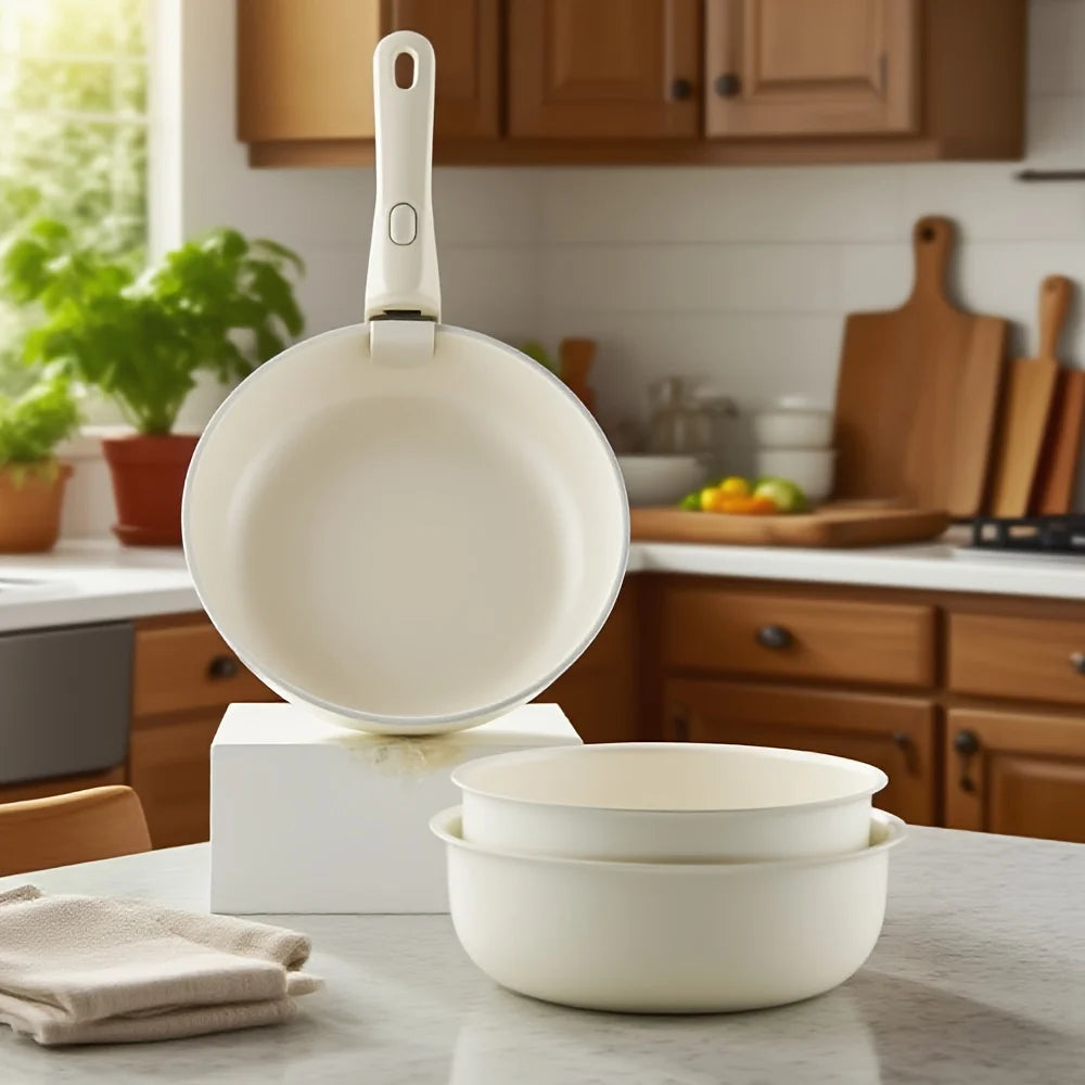 Three-Piece Nonstick Cookware Set With Removable Handle