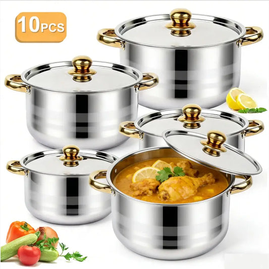 Stainless Steel Pot Set Modern Luxury Cookware Stock Pot Set Silver Body Gold Handles 10 Pcs Set 5 Pots 5 Lids Multi Size Deep Stock Pot For Home Kitchen Restaurant Cooking Soup Noodles Hot Pot Pasta