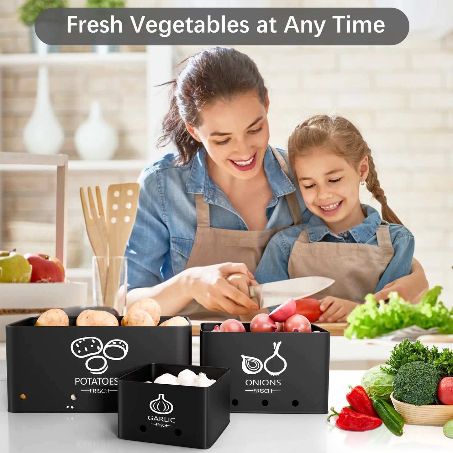 3-Piece Vegetable Storage Box Set, Potato, Onion and Garlic Storage Jars Suitable for Kitchen Countertops, With Lid Metal Vegetable Preservation Boxes, Kitchen Pantry Organiser Jars